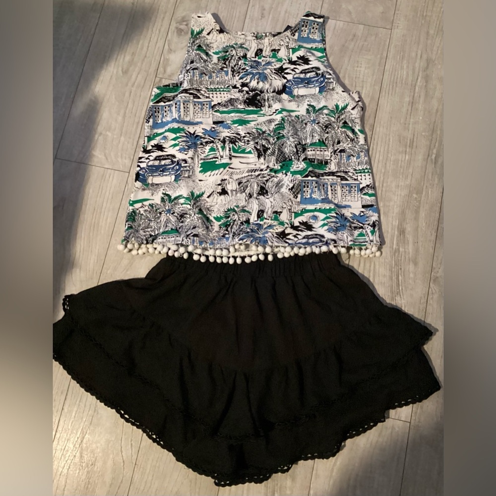 Ann Taylor Blue Green White tropical Printed Pom-Trim Top & Black ruffled skort